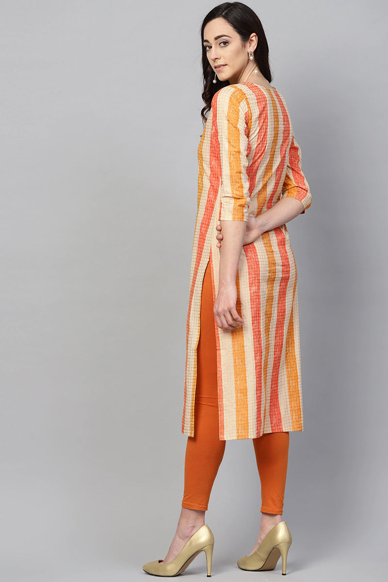 Women Cream-Colored & Orange Checked Straight Kurta VCK1100