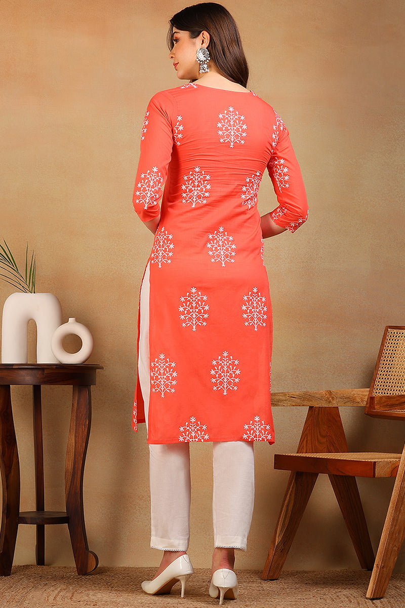 Festive Wear Cotton Fabric Peach Color Printed Kurti VCK1161