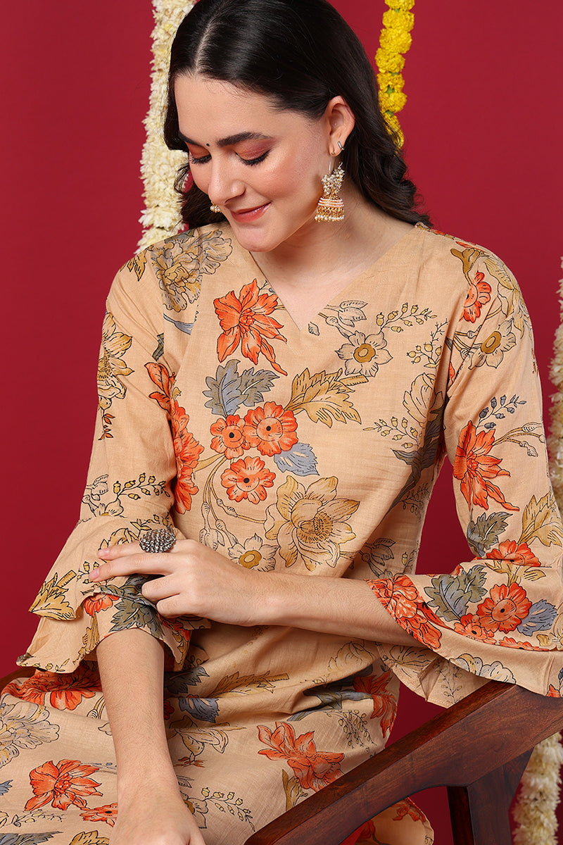 Chikoo Brown Occasion Wear Cotton Fabric Printed Stylish Kurti VCK1174