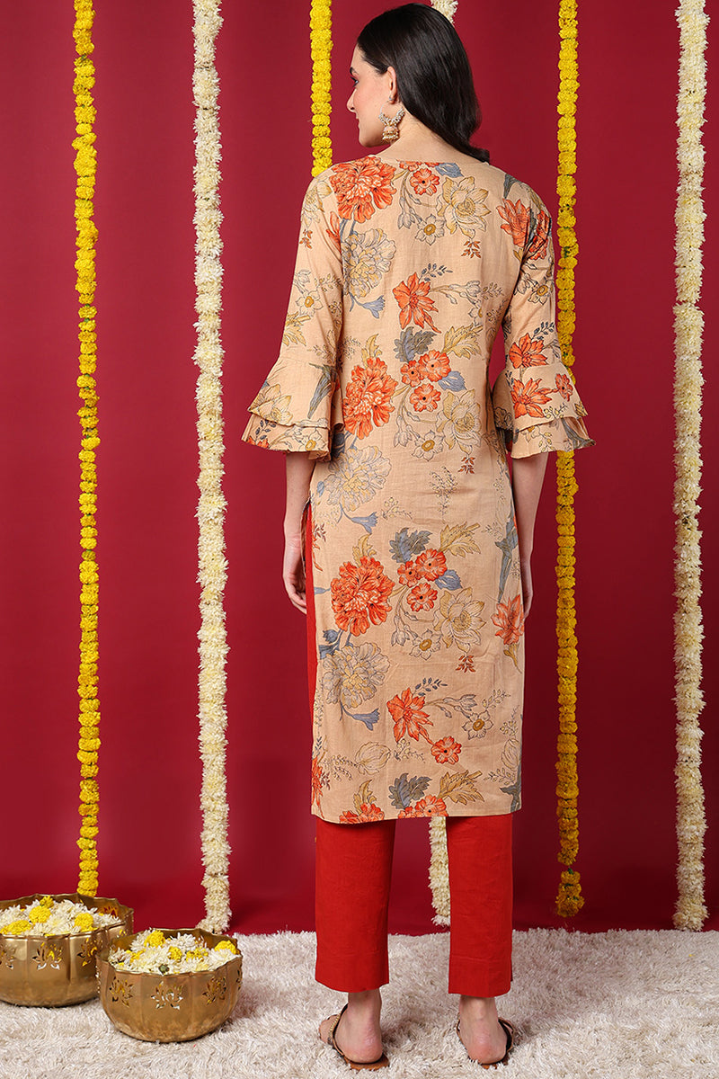 Chikoo Brown Occasion Wear Cotton Fabric Printed Stylish Kurti VCK1174