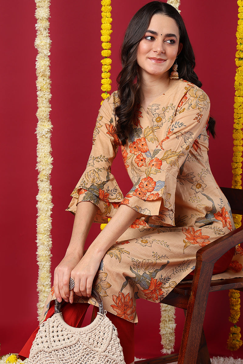 Chikoo Brown Occasion Wear Cotton Fabric Printed Stylish Kurti VCK1174