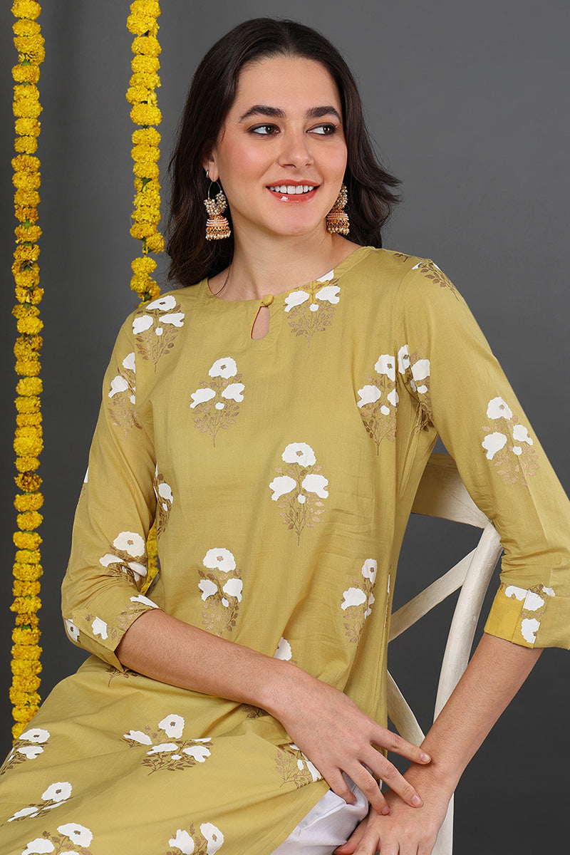 Mustard Yellow Color Function Wear Cotton Fabric Printed Fancy Kurti VCK1191