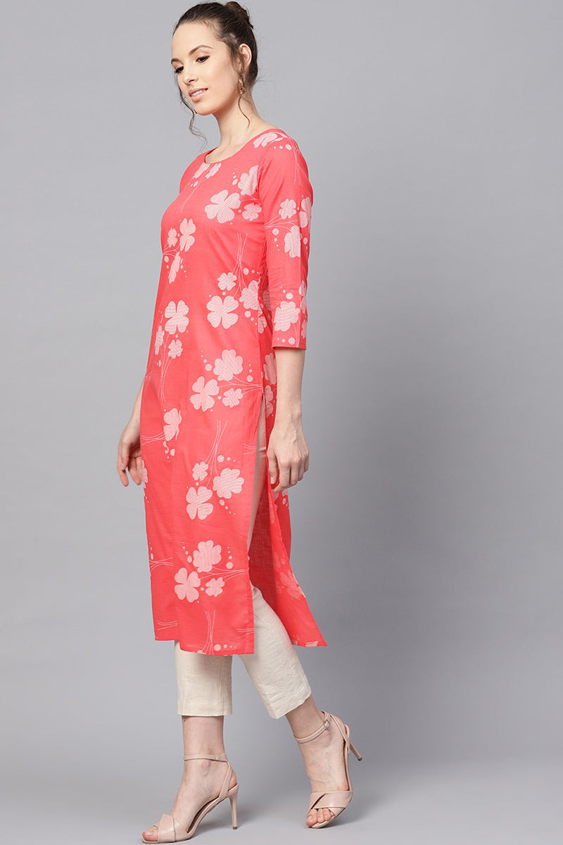 Printed Pink Cotton Fabric Kurti VCK1254