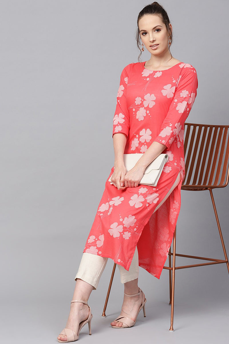 Printed Pink Cotton Fabric Kurti VCK1254