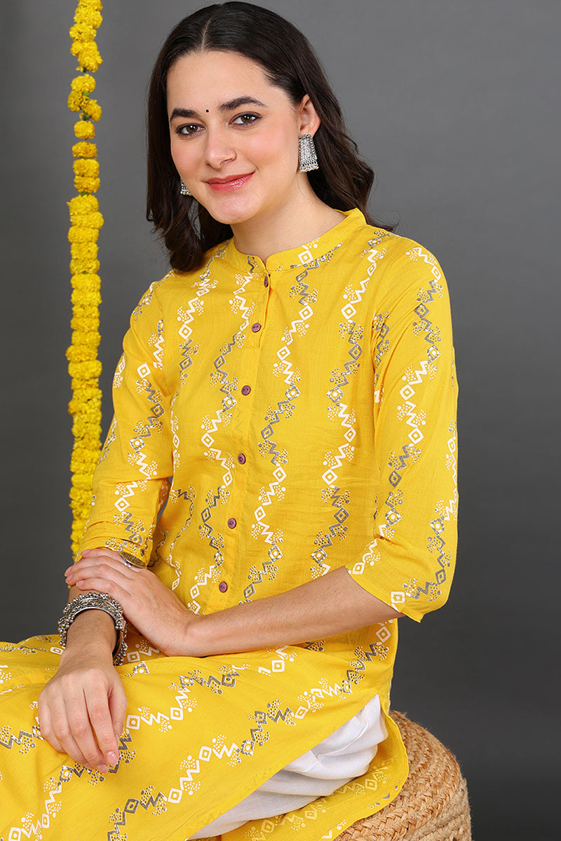 Women Cotton Fabric Trendy Festive Wear Yellow Printed Kurti VCK1334