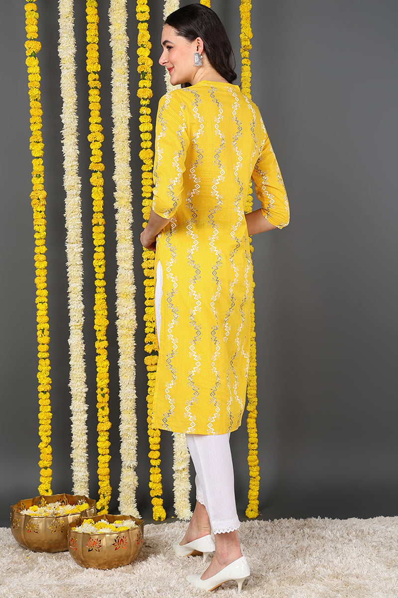 Women Cotton Fabric Trendy Festive Wear Yellow Printed Kurti VCK1334