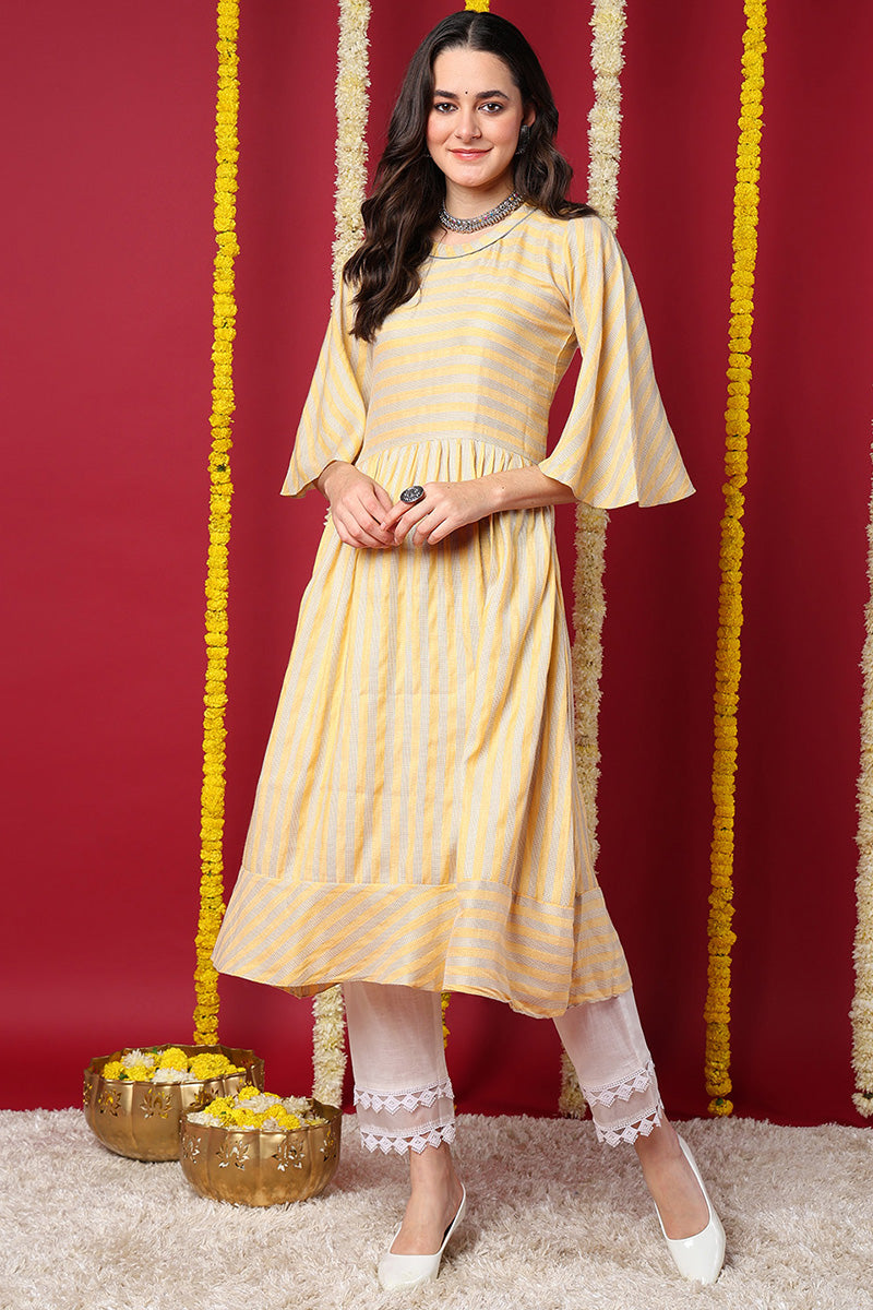 Yellow Striped A Line Kurta VCK8126