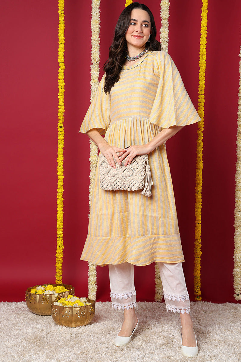 Yellow Striped A Line Kurta VCK8126