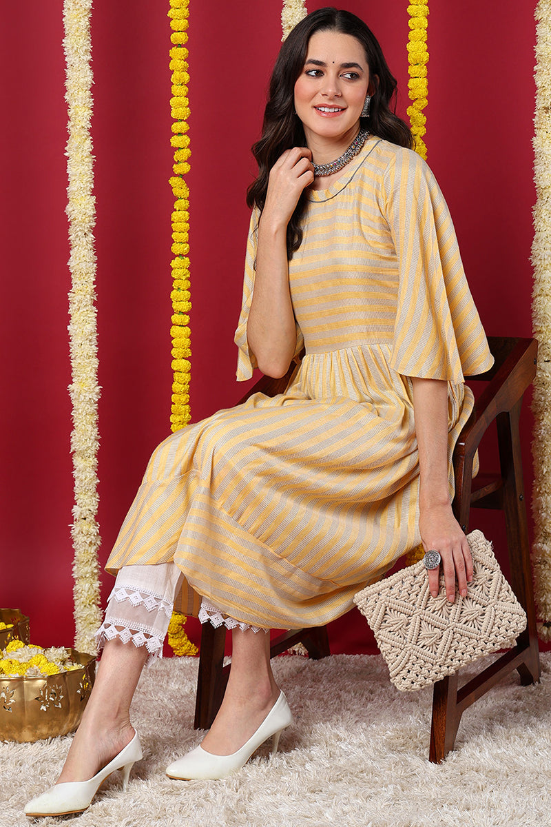 Yellow Striped A Line Kurta VCK8126
