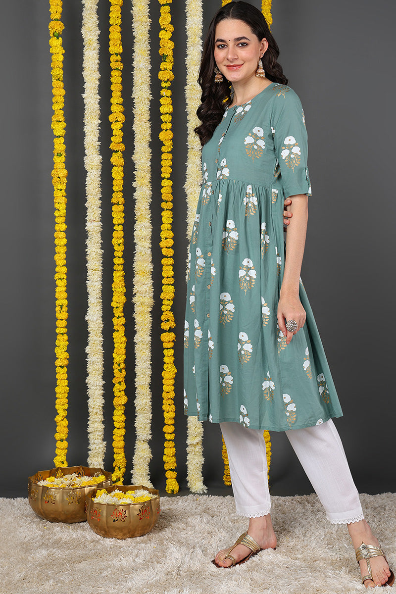 Women Cotton Green Floral Printed A Line Kurti VCK8397