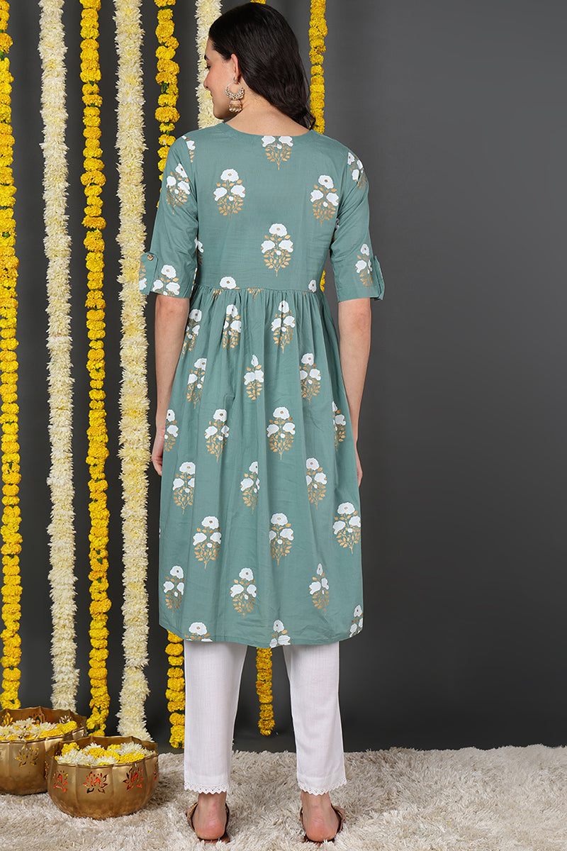 Women Cotton Green Floral Printed A Line Kurti VCK8397