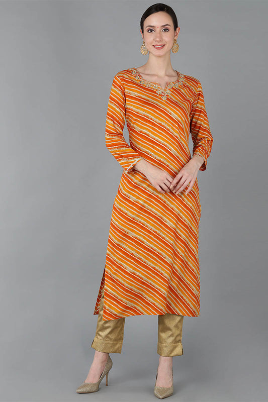 Orange Chanderi Silk Leheriya Straight Kurta VCK8976