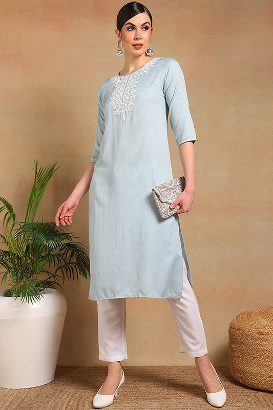 Blue Viscose Rayon Solid Embroidered Straight Kurta VCK8991A