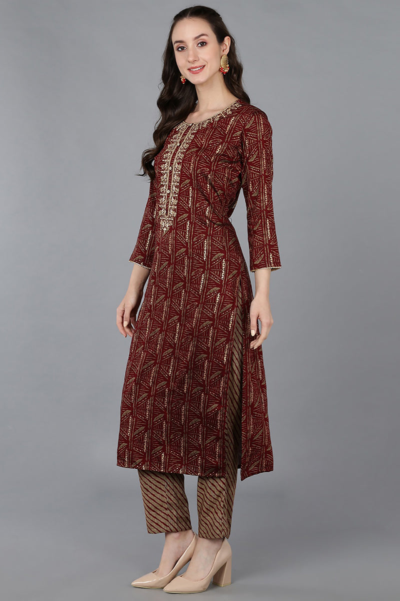 Maroon Silk Blend Ethnic Motifs Embroidered Straight Kurta VCK9031