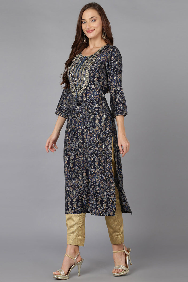 Navy Blue Cotton Blend Printed Kurta VCK9166