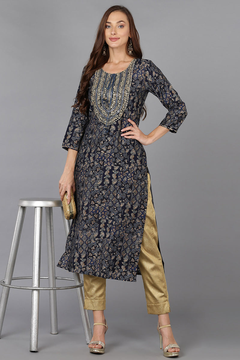 Navy Blue Cotton Blend Printed Kurta VCK9166