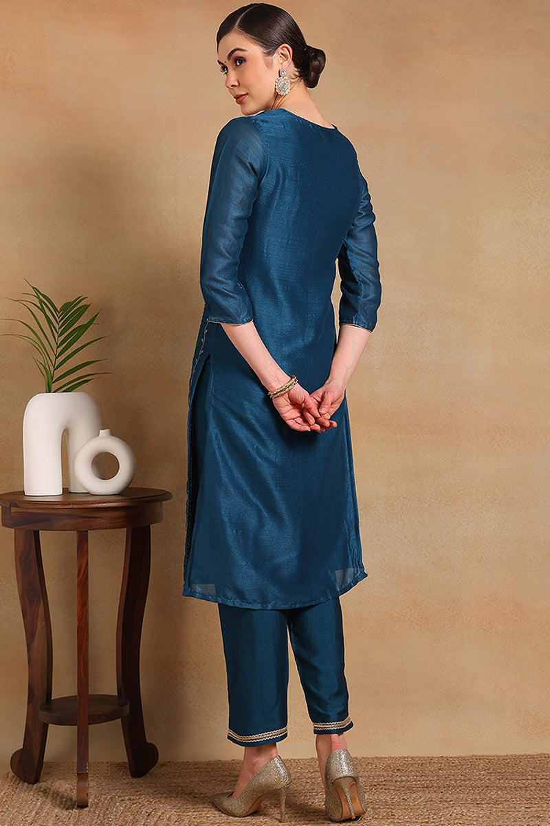 Navy Blue Silk Blend Solid Embroidered Straight Kurta VCK9171A