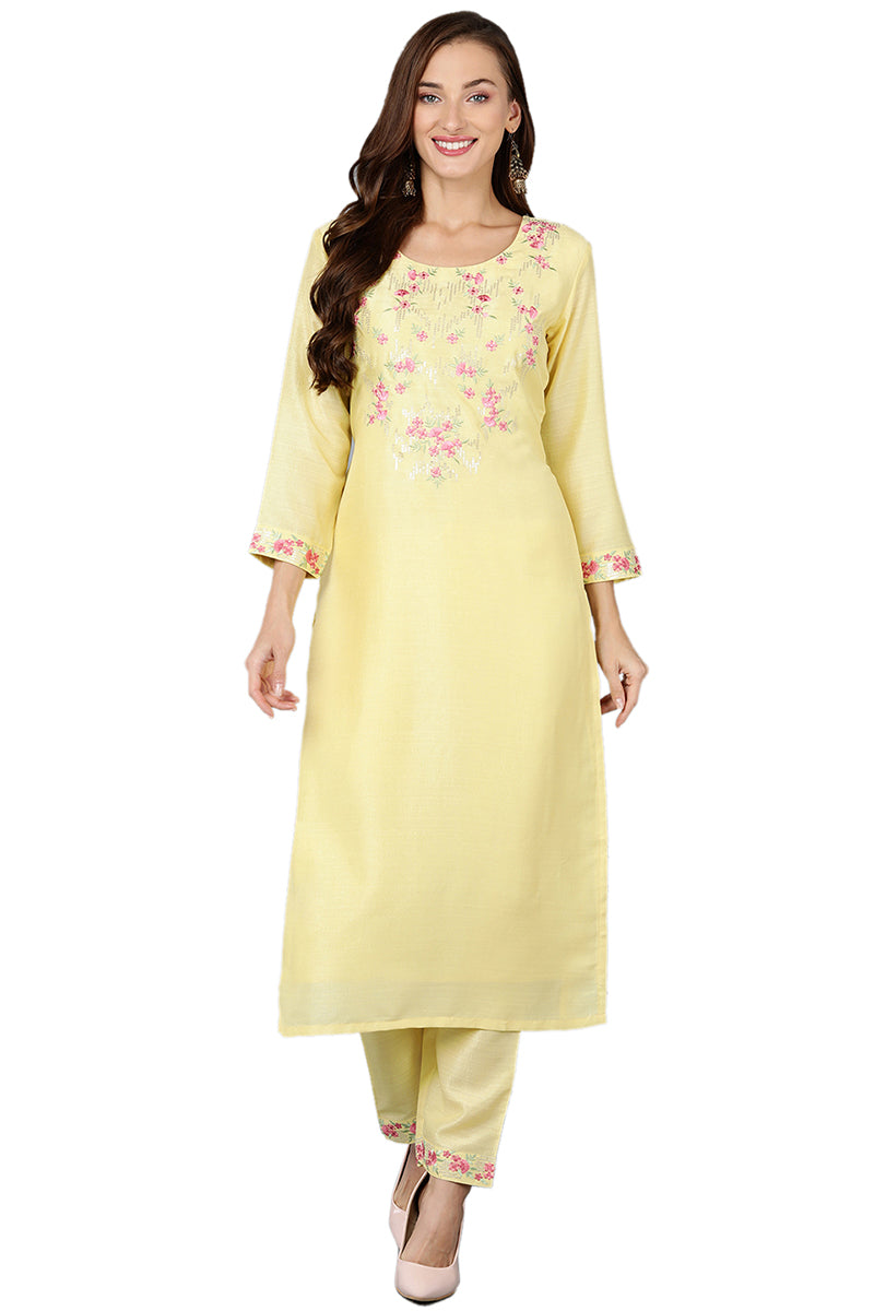 Yellow Silk Blend Straight Kurtas VCK9188