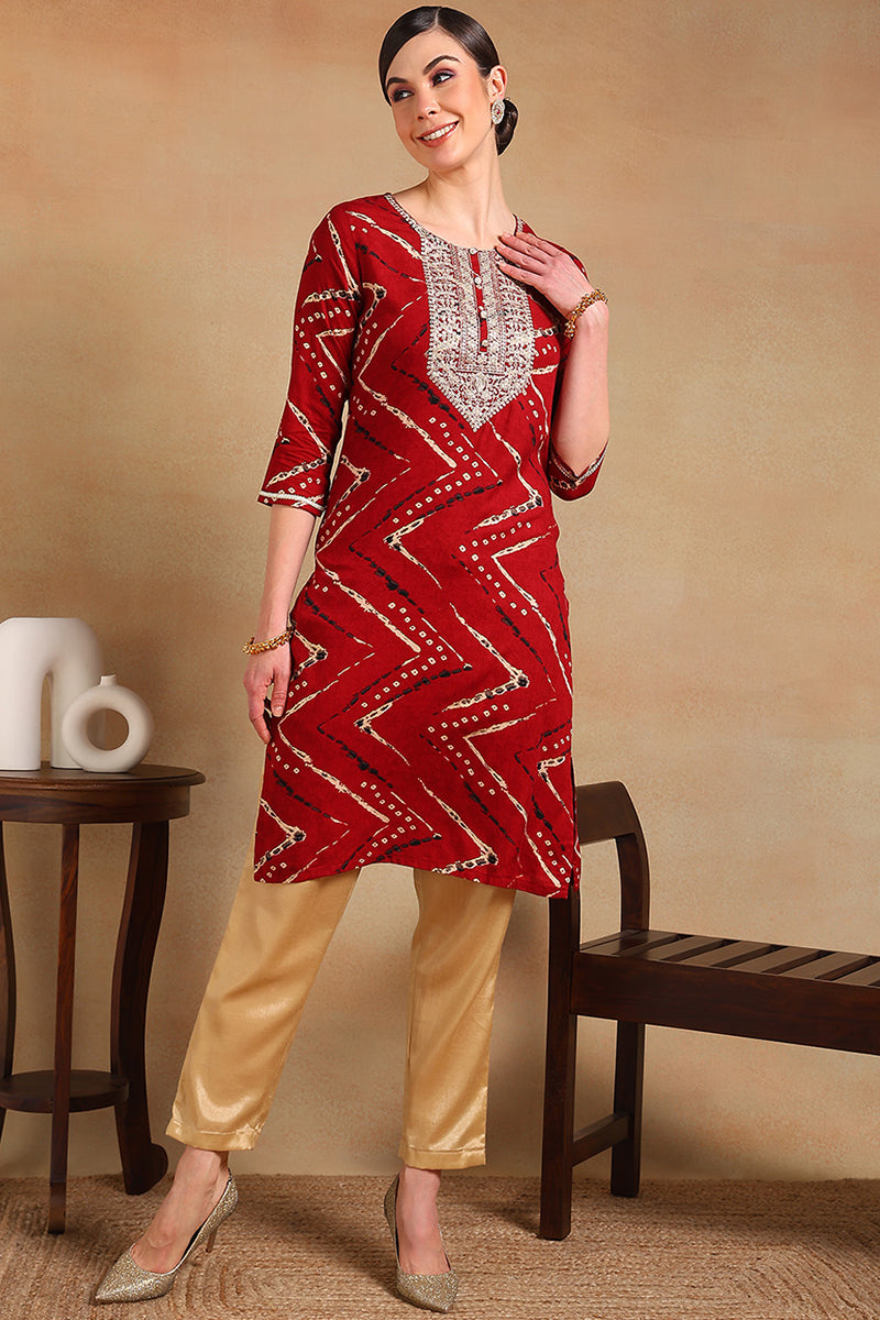 Red Viscose Rayon Chevron Printed Straight Kurta VCK9210A