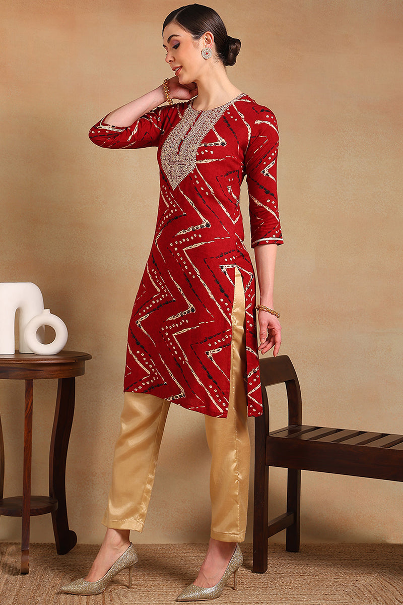 Red Viscose Rayon Chevron Printed Straight Kurta VCK9210A