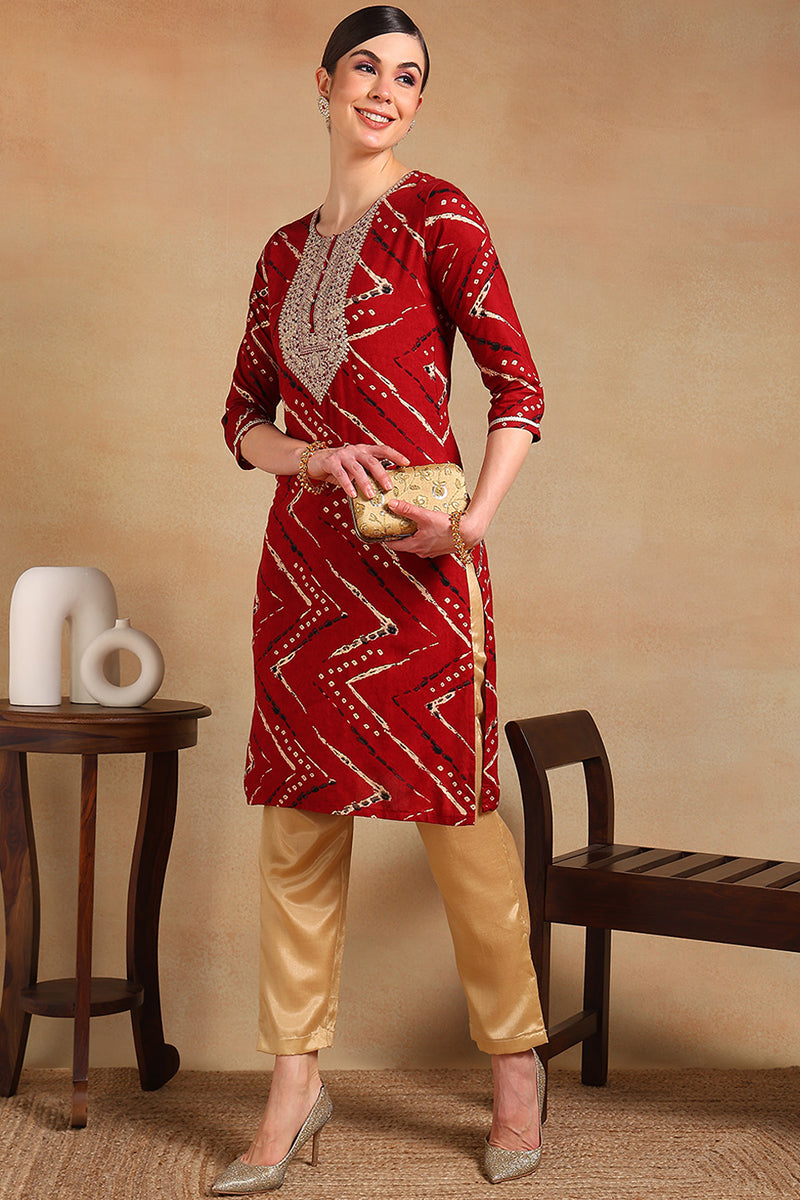 Red Viscose Rayon Chevron Printed Straight Kurta VCK9210A