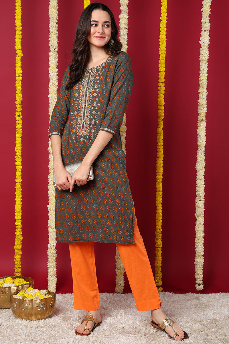 Olive Green Cotton Blend Floral Embroidered Straight Kurta VCK9214