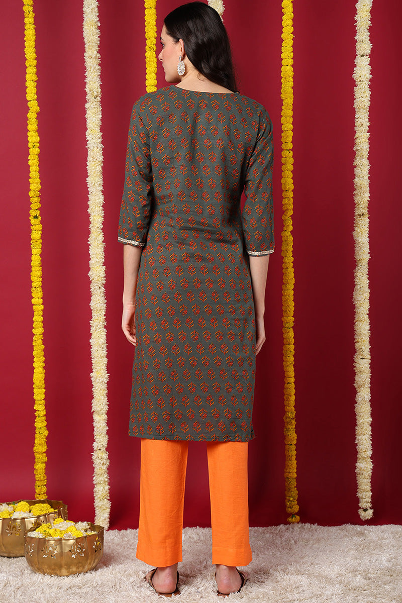 Olive Green Cotton Blend Floral Embroidered Straight Kurta VCK9214