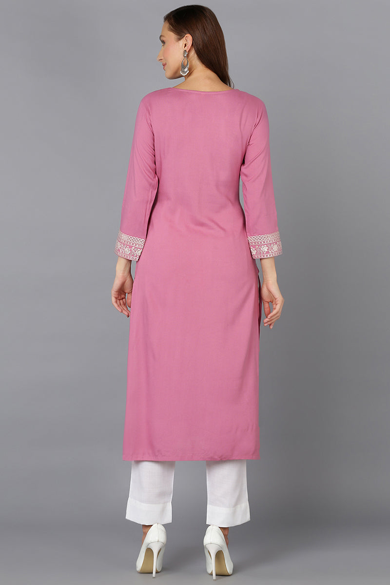 Pink Rayon Embroidered Straight Kurta VCK9217