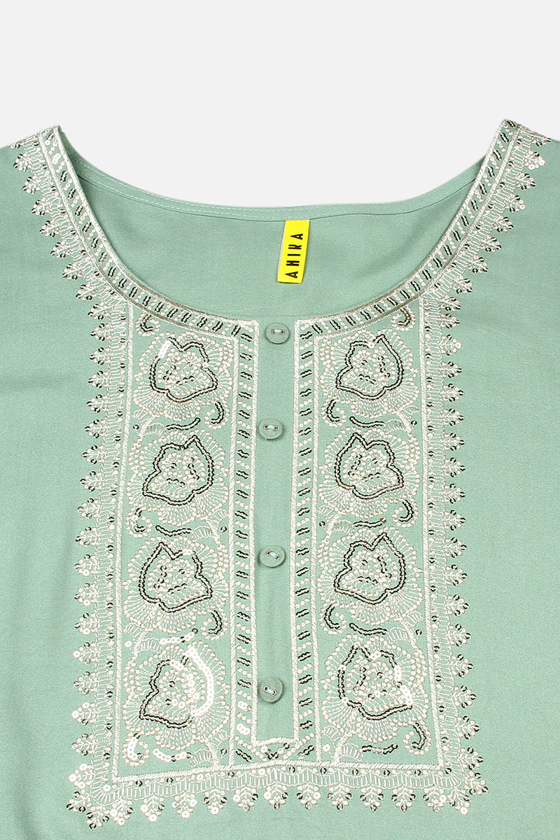 Sea Green Viscose Rayon Embroidered Straight Kurta VCK9218