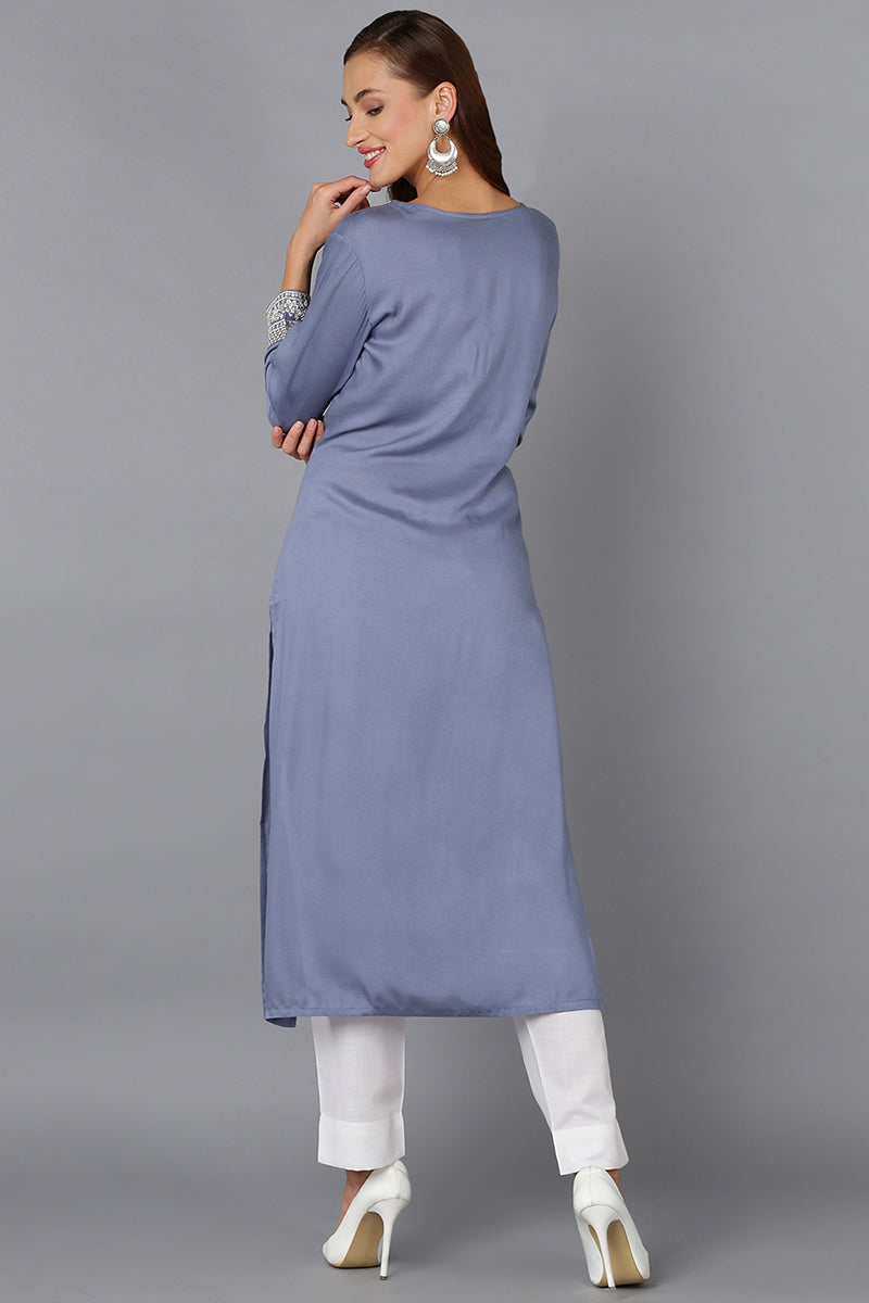 Blue Pottery Viscose Rayon Embroidered Straight Kurta VCK9219