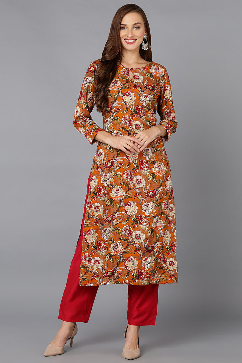 Cotton Blend Mustard Floral Printed Straight Kurta