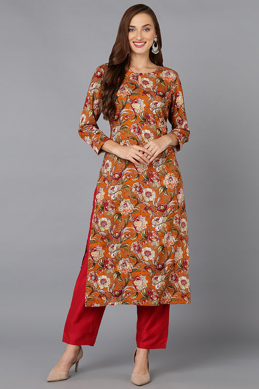 Cotton Blend Mustard Floral Printed Straight Kurta