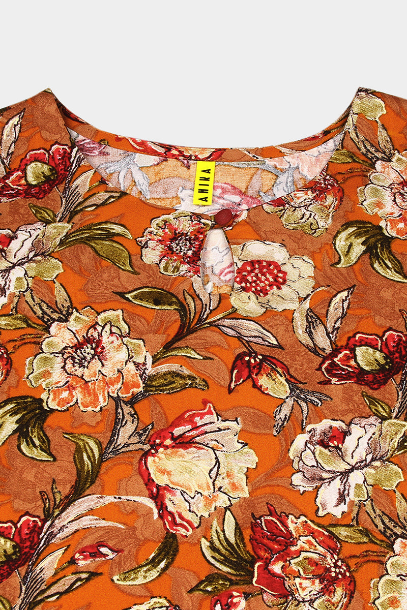 Cotton Blend Mustard Floral Printed Straight Kurta