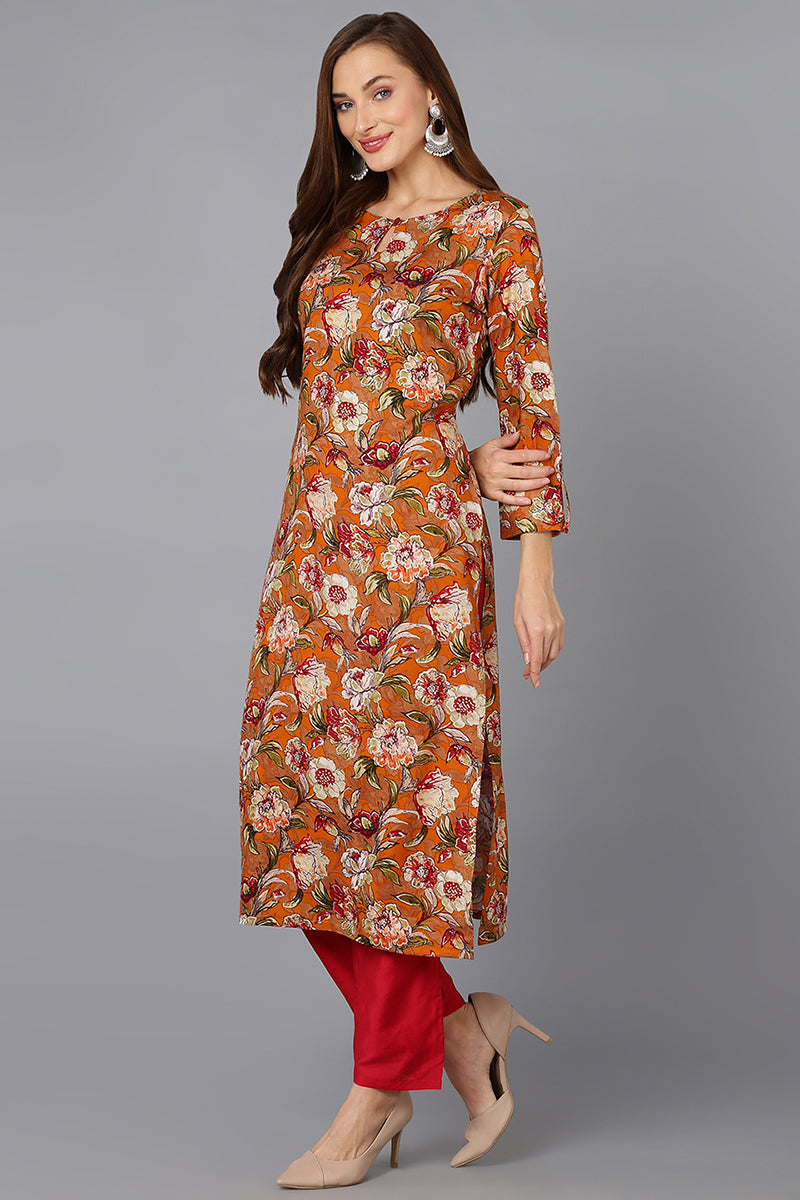Cotton Blend Mustard Floral Printed Straight Kurta