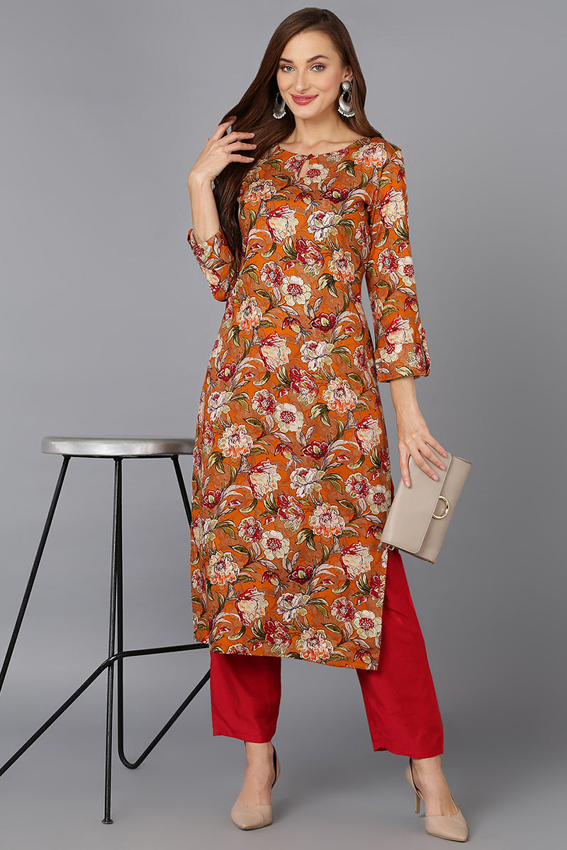Cotton Blend Mustard Floral Printed Straight Kurta