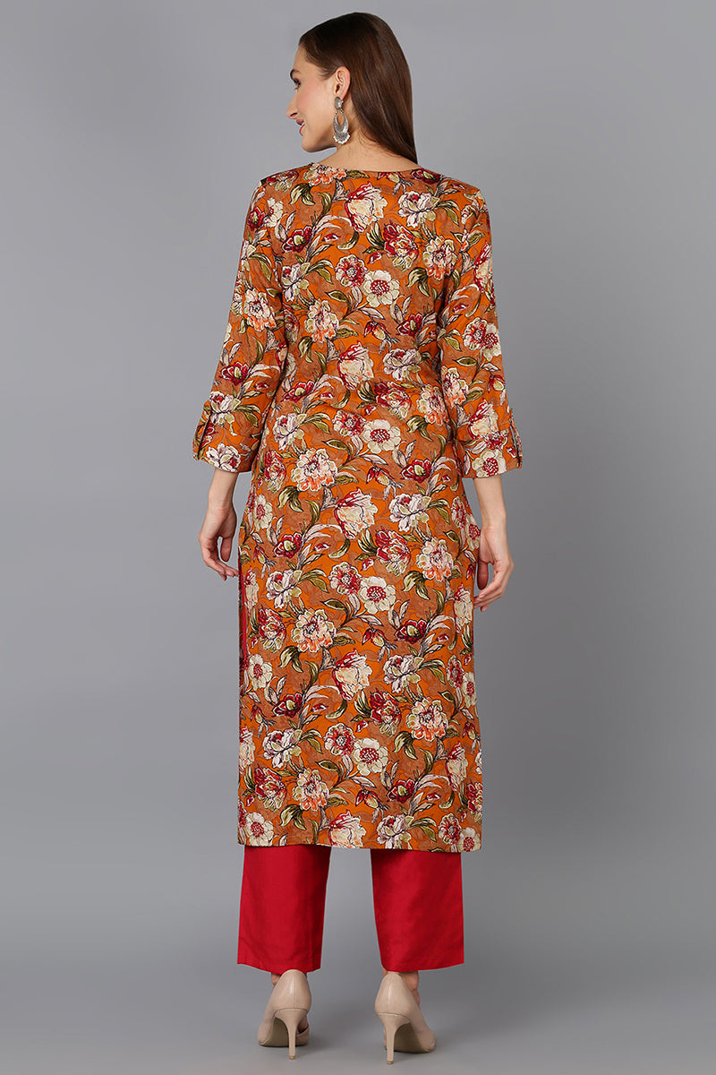 Cotton Blend Mustard Floral Printed Straight Kurta