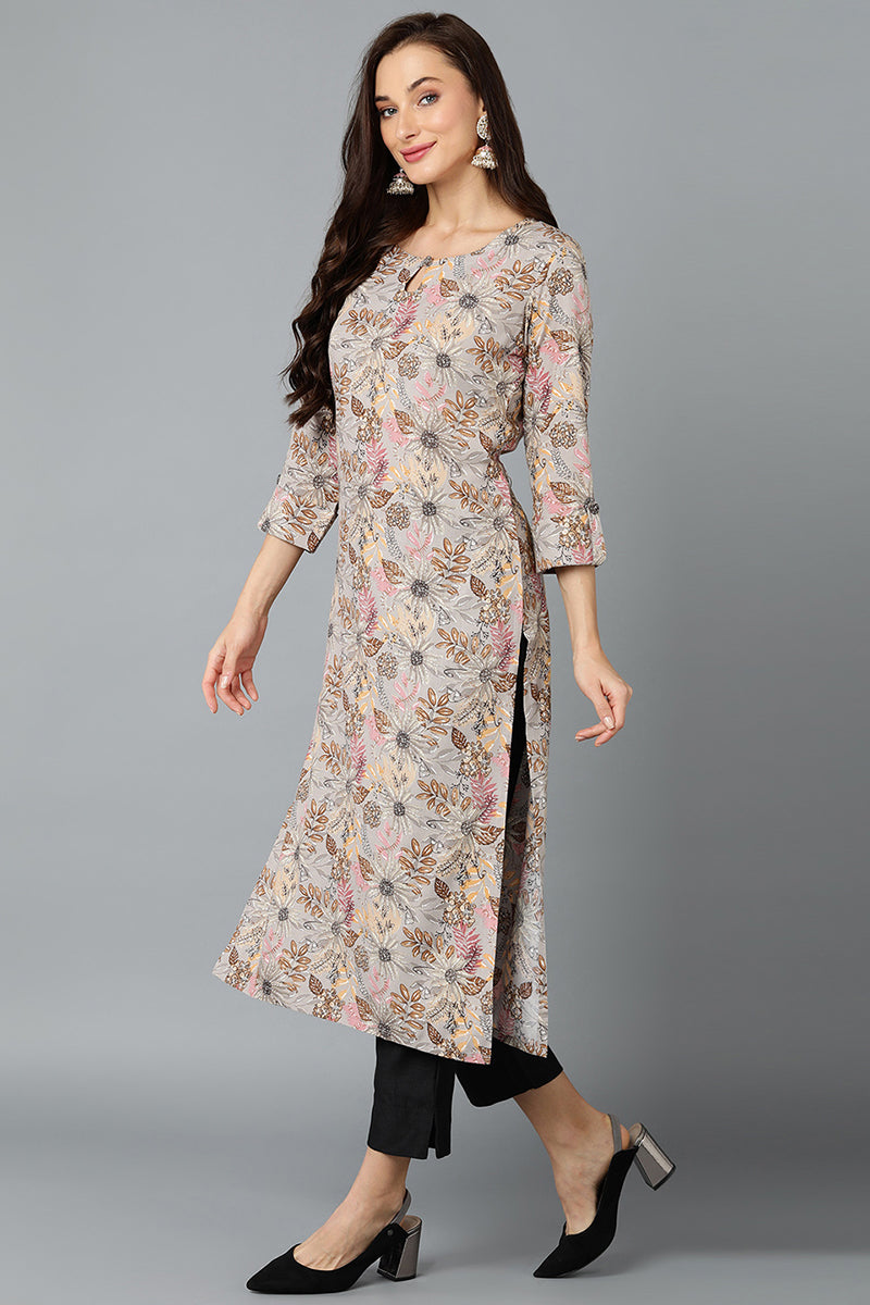 Cotton Blend Grey Printed Straight Kurta VCK9253