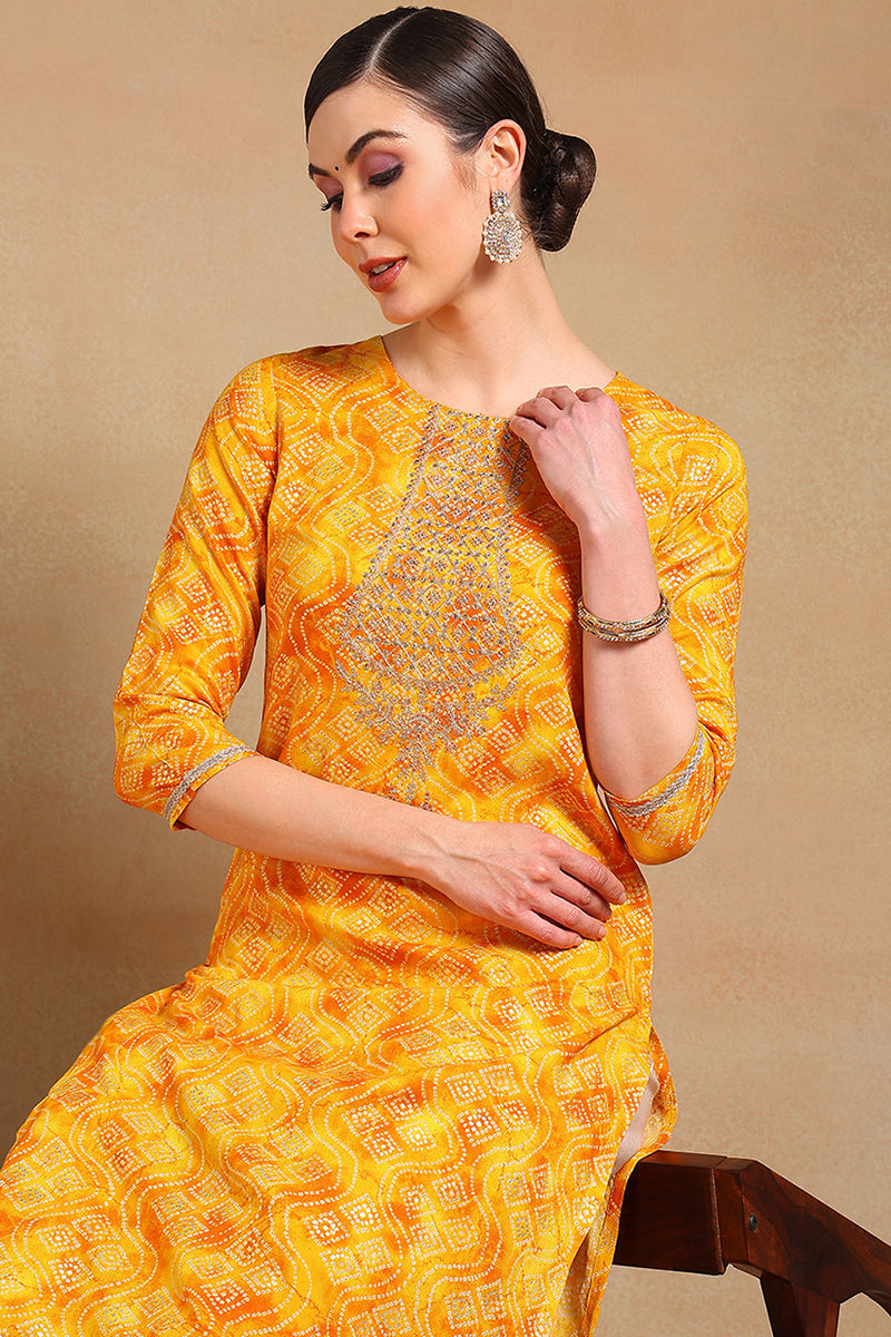 Yellow Viscose Rayon Bandhani Printed Straight Kurta VCK9265