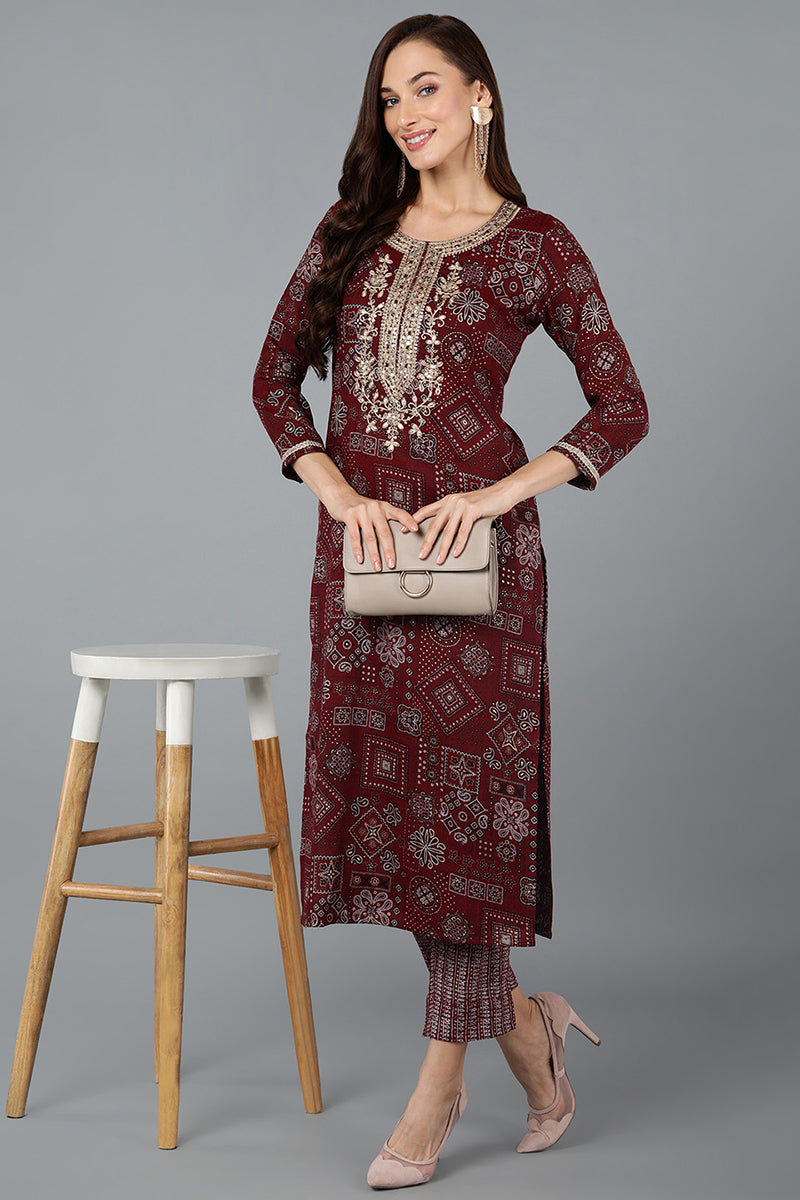 Cotton Blend Maroon Printed Straight Kurta VCK9270