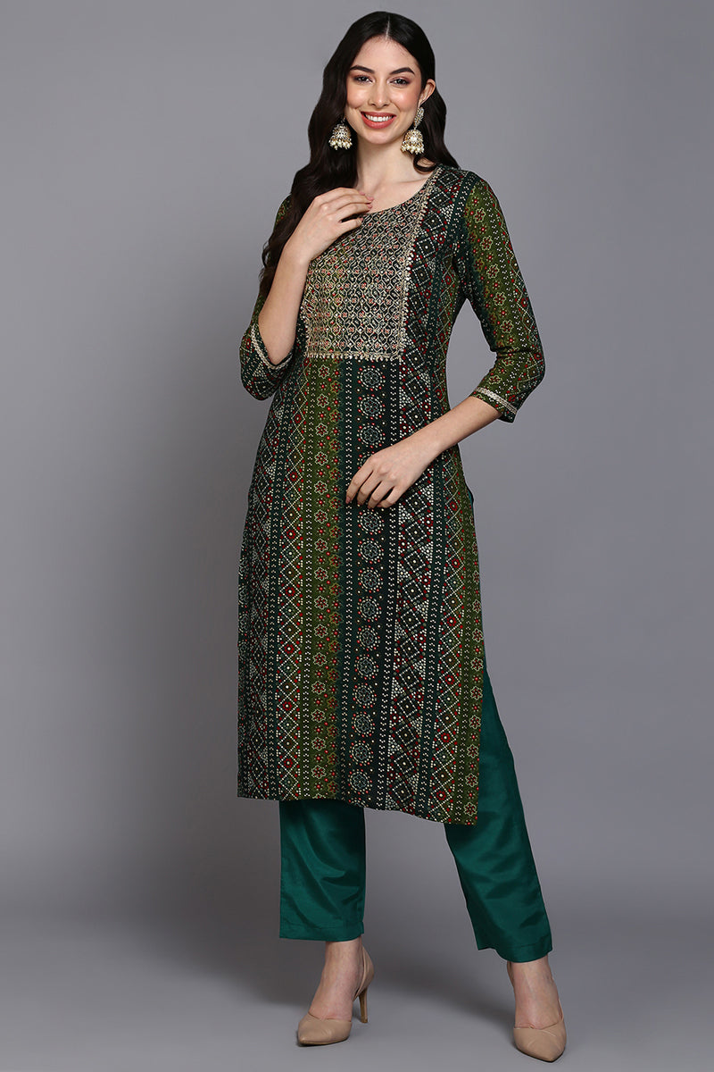 Viscose Rayon Green Bandhani Printed Straight Kurta VCK9274