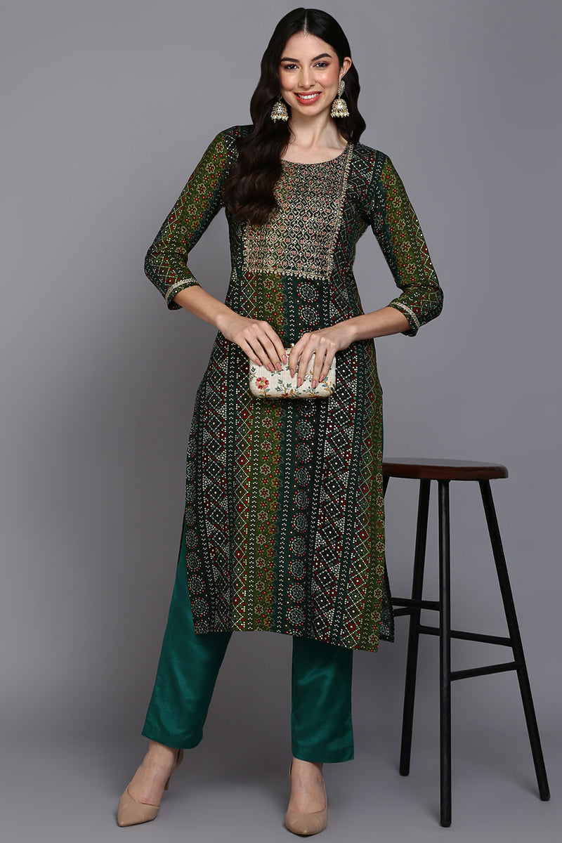 Viscose Rayon Green Bandhani Printed Straight Kurta VCK9274