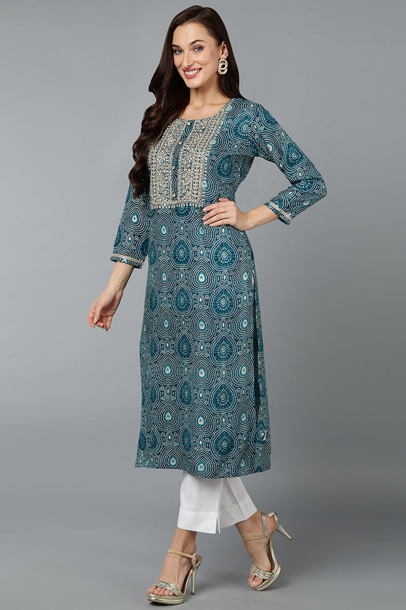 Cotton Blend Teal Blue Printed Straight Kurta VCK9278