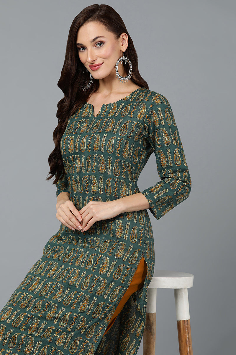 Cotton Blend Green Paisley Printed Straight Kurta VCK9282