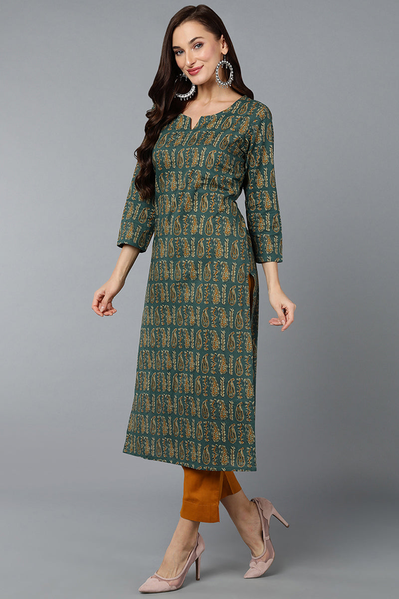 Cotton Blend Green Paisley Printed Straight Kurta VCK9282