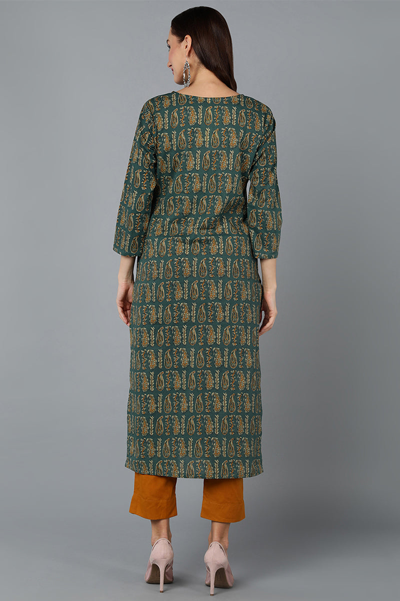 Cotton Blend Green Paisley Printed Straight Kurta VCK9282