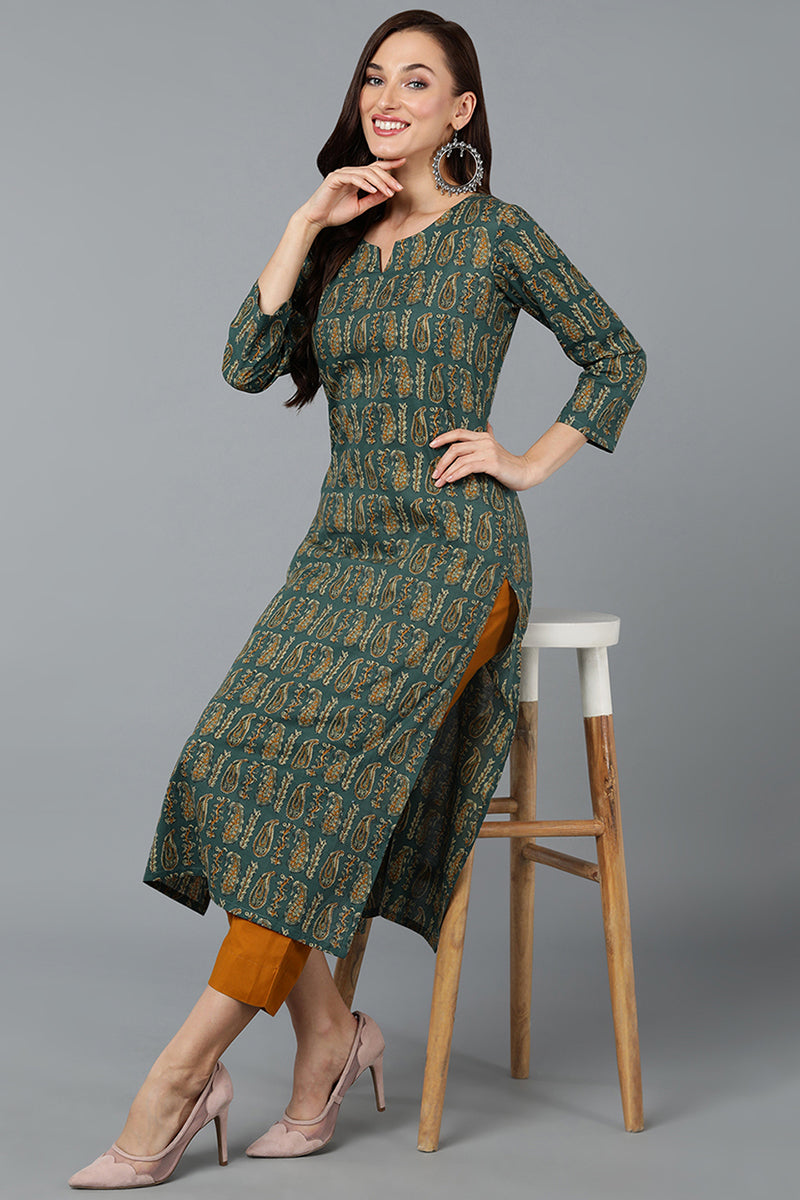 Cotton Blend Green Paisley Printed Straight Kurta VCK9282