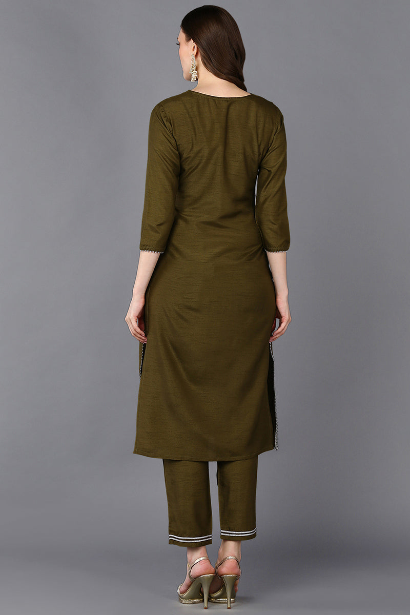 Mehndi Green Silk Blend Embroidered Straight Kurta VCK9285