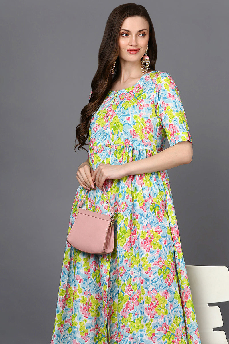 Cotton Multicolored Floral Printed Flared Kurta VCK9298