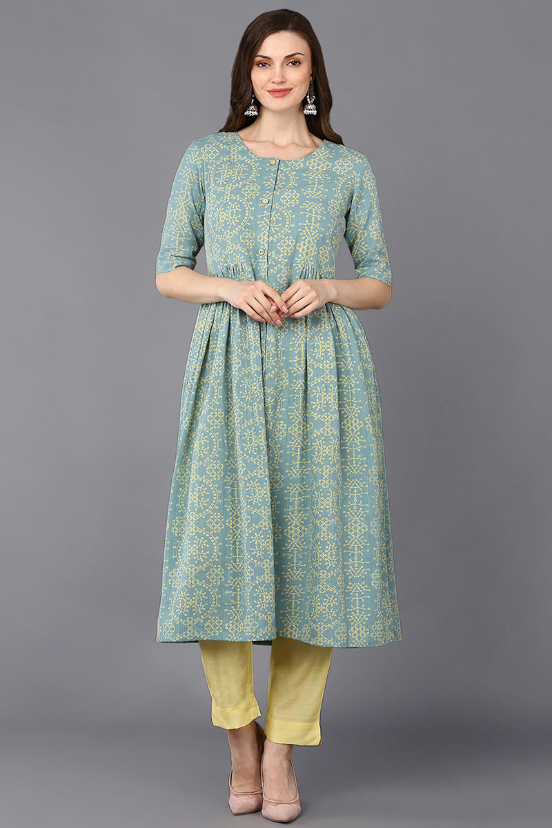 Cotton Aqua Green Printed Flared Kurta VCK9323