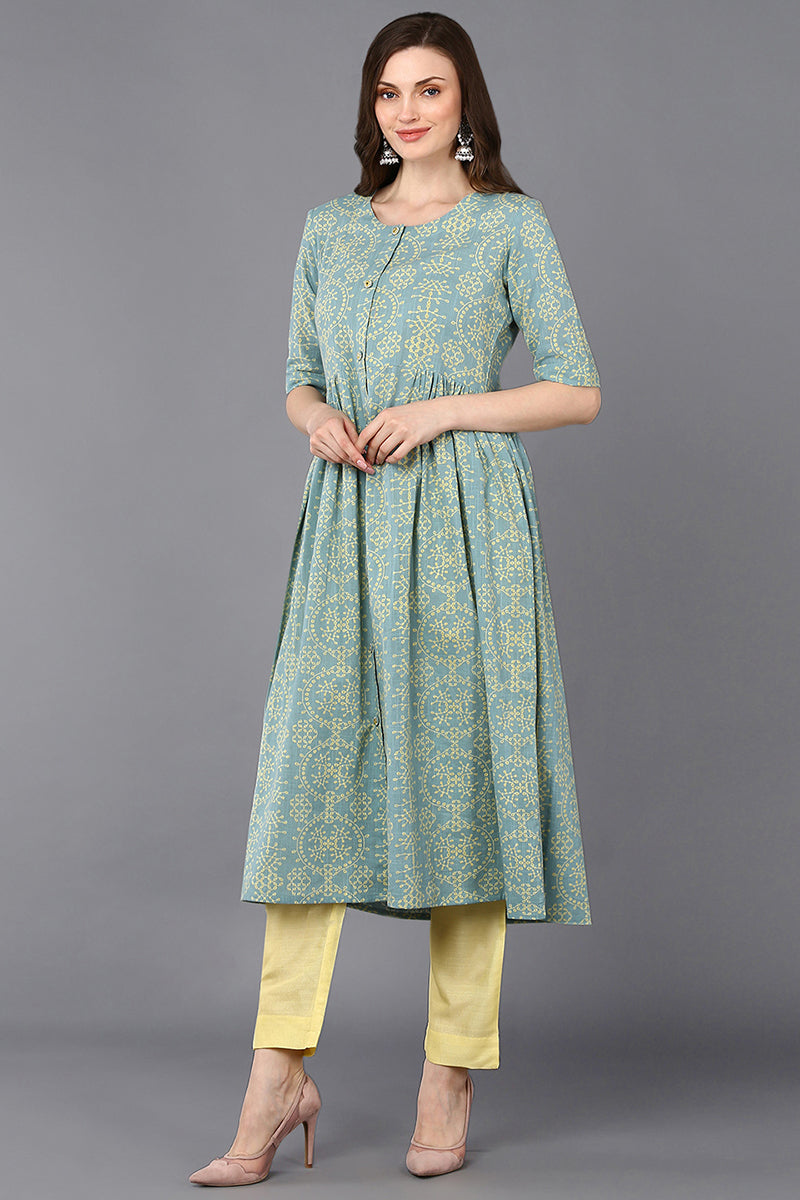 Cotton Aqua Green Printed Flared Kurta VCK9323
